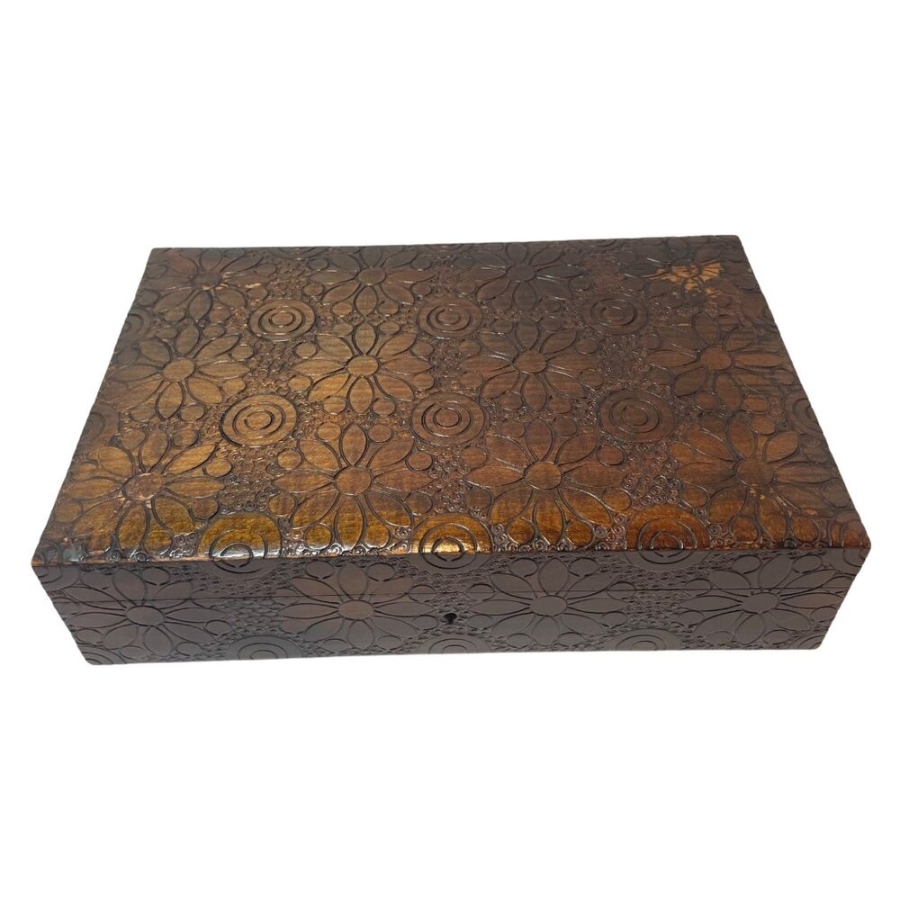 Handcrafted Floral Carved Wooden Storage Box with Hinged Lid and key Elegant Des